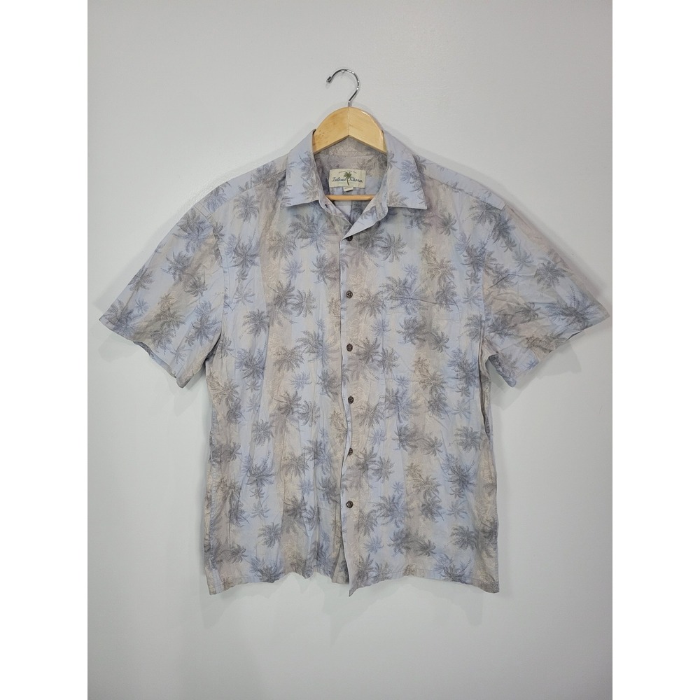 Island Shores Mens Lg Blue Palm Tree Tropical Cotton Short Sleeve Button Shirt‎